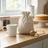 Homepage 23 Linen bags on kitchen windowsill with coffee cup and pastries - natural gift packaging
