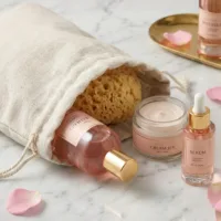 Linen bags with skincare cosmetics on a marble surface