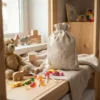 Linen bags for toys and small accessories in a bright room