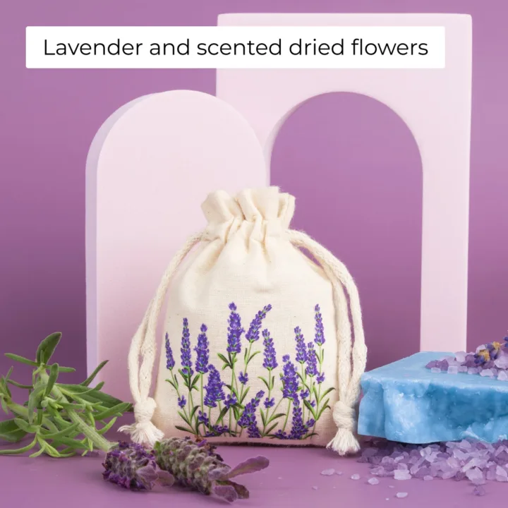 Cotton drawstring pouch with lavender print, filled with scented dried flowers and potpourri.