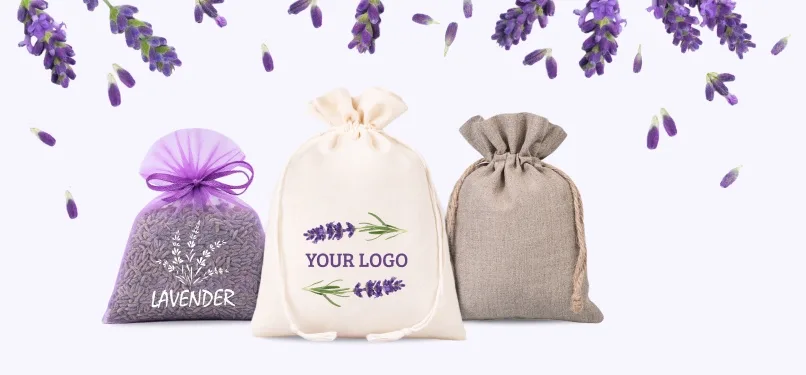 Homepage 6 Personalised lavender bags made of organza, cotton, and linen with custom logo.